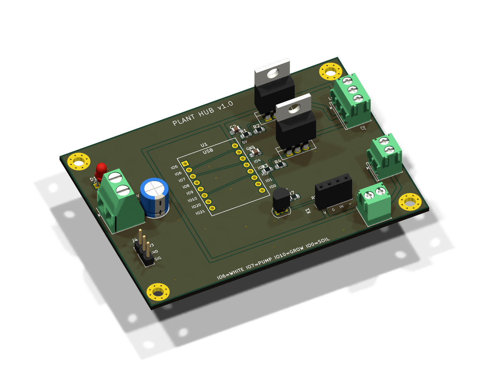 3D render of the Plant Hub v1.0 smart planter PCB