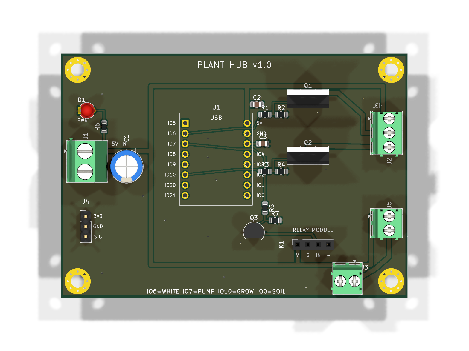3D render of the Plant Hub v1.0 PCB, top view showing silkscreen labels